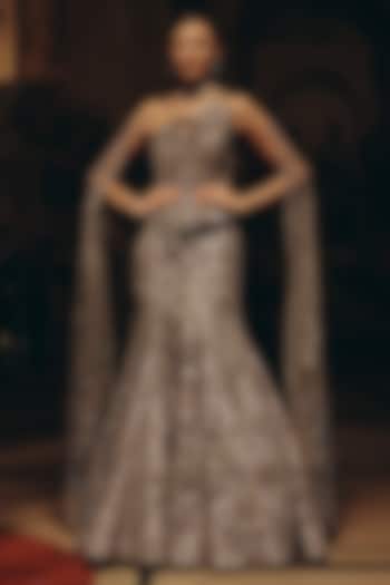 Grey & Silver Bemberg Silk Sequins Embroidered Mermaid Skirt Set by Adaara Couture at Pernia's Pop Up Shop