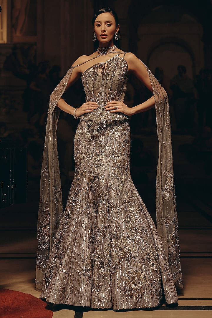 Grey & Silver Bemberg Silk Sequins Embroidered Mermaid Skirt Set by Adaara Couture at Pernia's Pop Up Shop