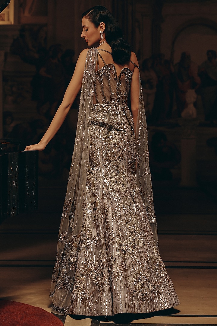 Grey & Silver Bemberg Silk Sequins Embroidered Mermaid Skirt Set by Adaara Couture at Pernia's Pop Up Shop