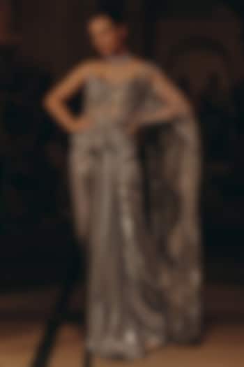 Grey & Silver Luxe Satin Sequins Embroidered Draped Reception Saree  by Adaara Couture at Pernia's Pop Up Shop