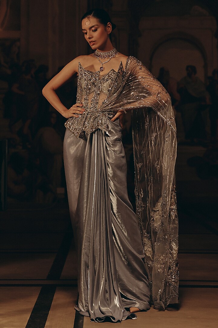 Grey & Silver Luxe Satin Sequins Embroidered Draped Reception Saree  by Adaara Couture at Pernia's Pop Up Shop