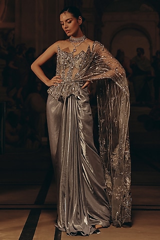 Grey & Silver Luxe Satin Sequins Embroidered Draped Saree  by Adaara Couture