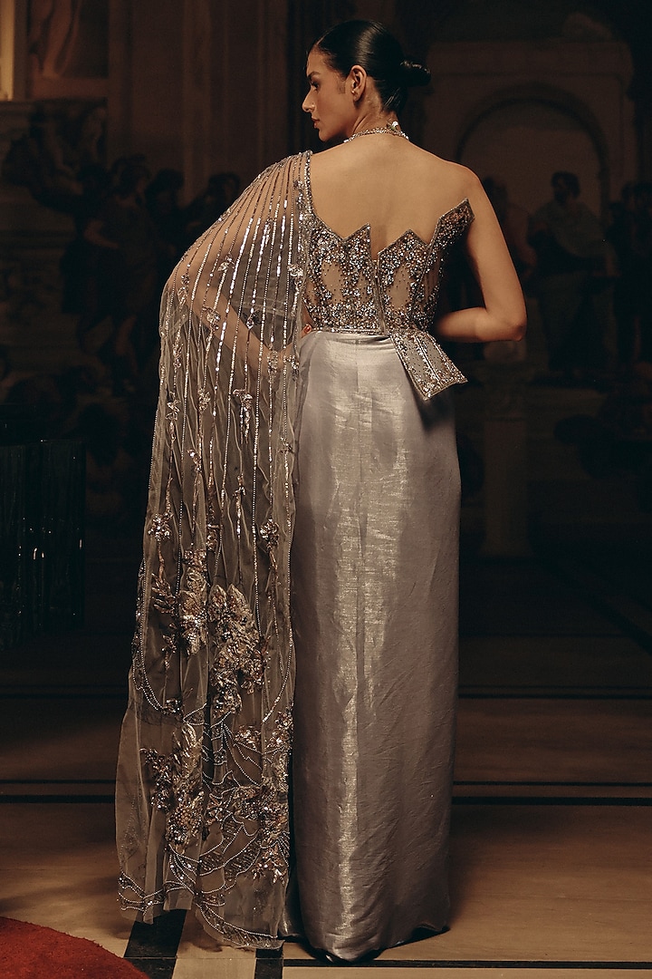Grey & Silver Luxe Satin Sequins Embroidered Draped Reception Saree by Adaara Couture at Pernia's Pop Up Shop