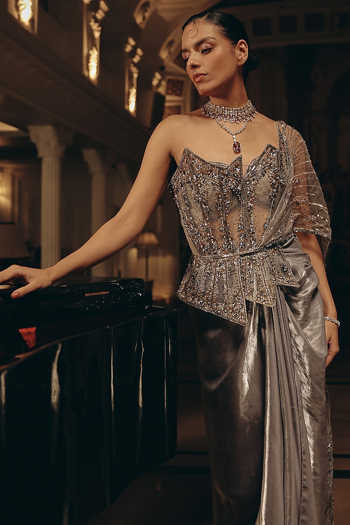 Grey & Silver Luxe Satin Sequins Embroidered Draped Reception Saree by Adaara Couture at Pernia's Pop Up Shop