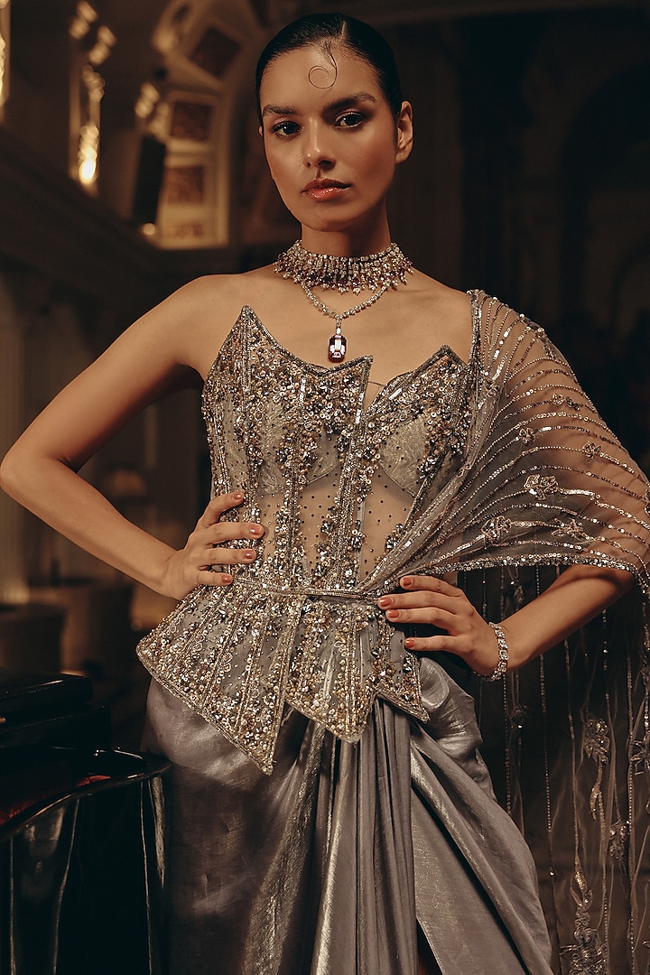 Grey & Silver Luxe Satin Sequins Embroidered Draped Reception Saree by Adaara Couture at Pernia's Pop Up Shop