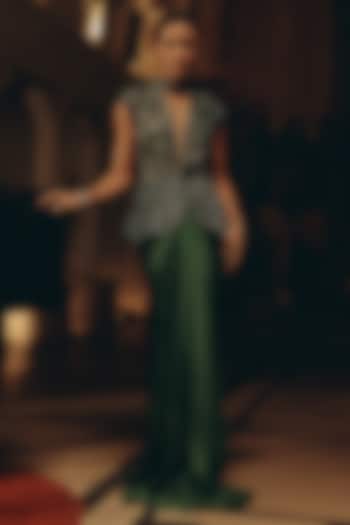 Emerald Green Russian Silk Pleated Slit Skirt Set by Adaara Couture at Pernia's Pop Up Shop