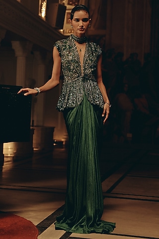 Emerald Green Russian Silk Pleated Slit Skirt Set by Adaara Couture