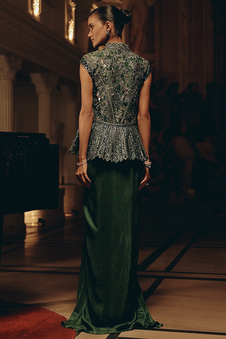 Emerald Green Russian Silk Pleated Slit Skirt Set by Adaara Couture at Pernia's Pop Up Shop