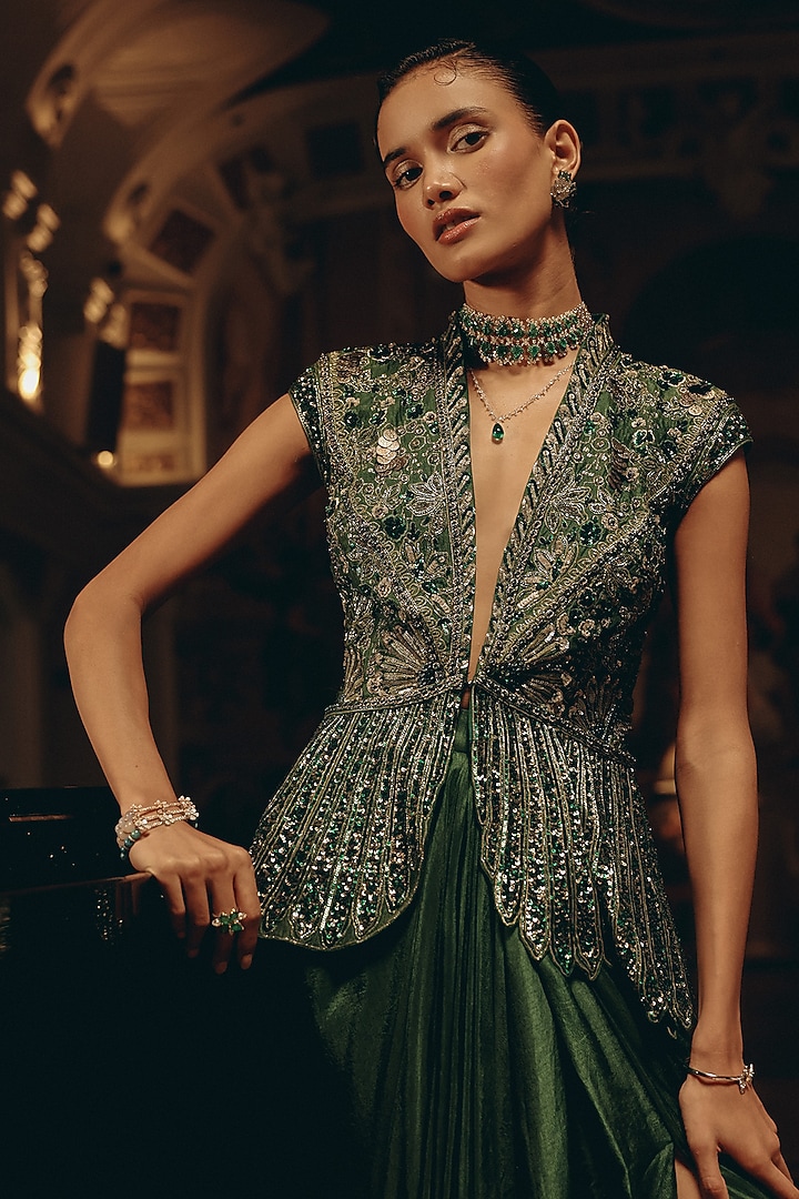 Emerald Green Russian Silk Pleated Slit Skirt Set by Adaara Couture at Pernia's Pop Up Shop