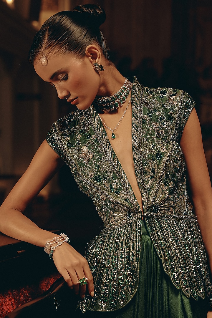 Emerald Green Russian Silk Pleated Slit Skirt Set by Adaara Couture at Pernia's Pop Up Shop