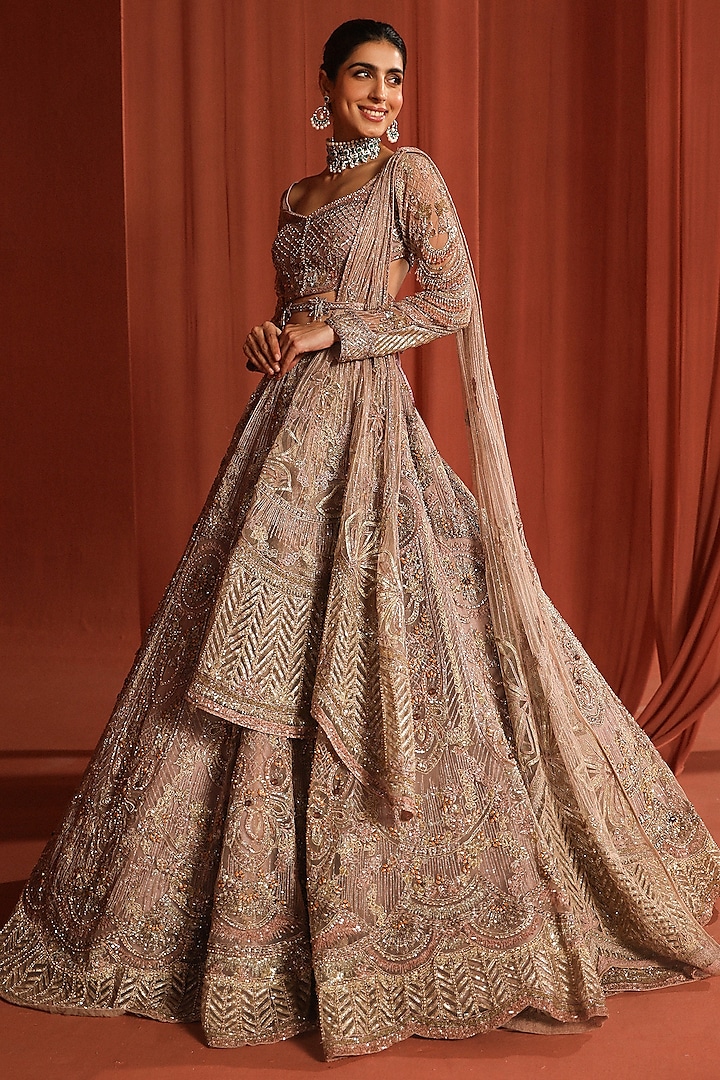 Pale Pink Dupion Silk 3D Stones & Sequins Embroidered Bridal Lehenga Set by Adaara Couture at Pernia's Pop Up Shop