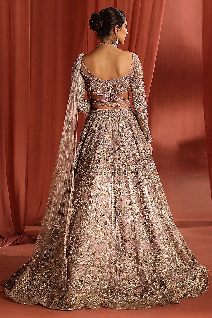Pale Pink Dupion Silk 3D Stones & Sequins Embroidered Bridal Lehenga Set by Adaara Couture at Pernia's Pop Up Shop