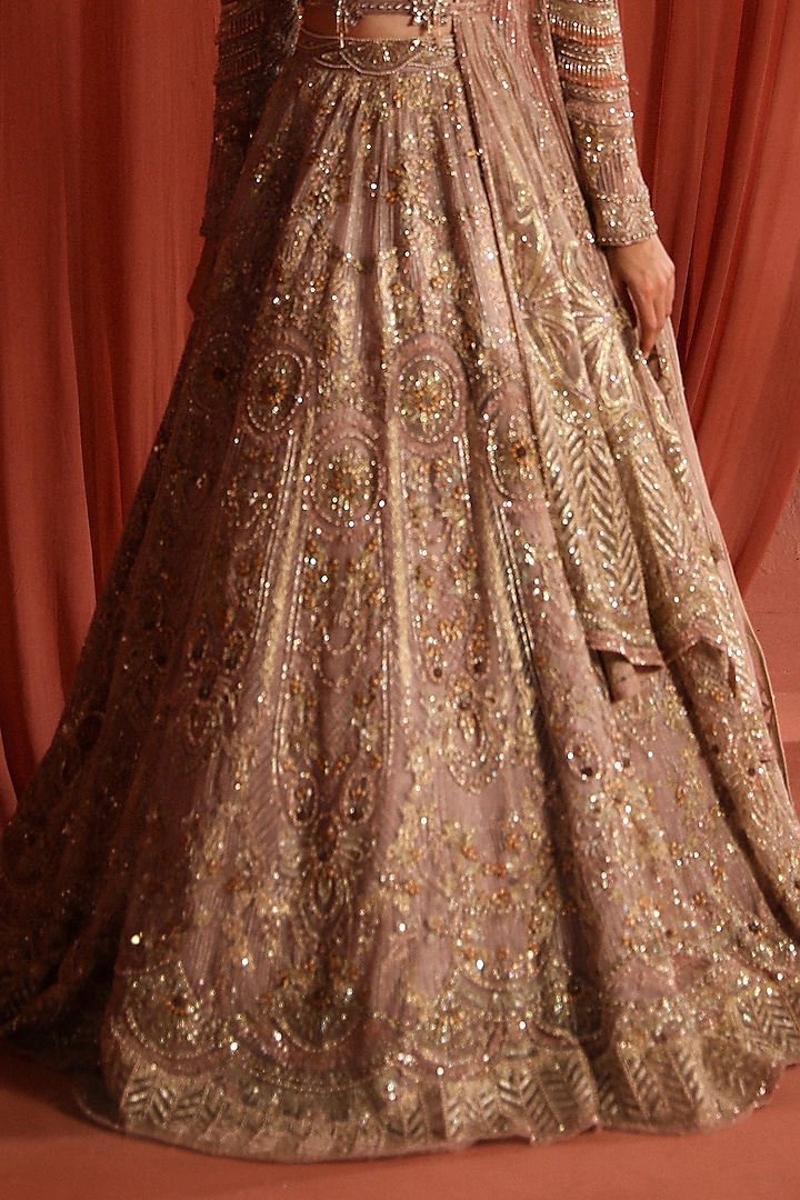 Pale Pink Dupion Silk 3D Stones & Sequins Embroidered Bridal Lehenga Set by Adaara Couture at Pernia's Pop Up Shop