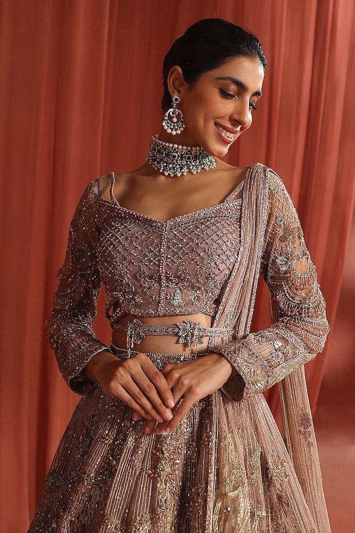 Pale Pink Dupion Silk 3D Stones & Sequins Embroidered Bridal Lehenga Set by Adaara Couture at Pernia's Pop Up Shop