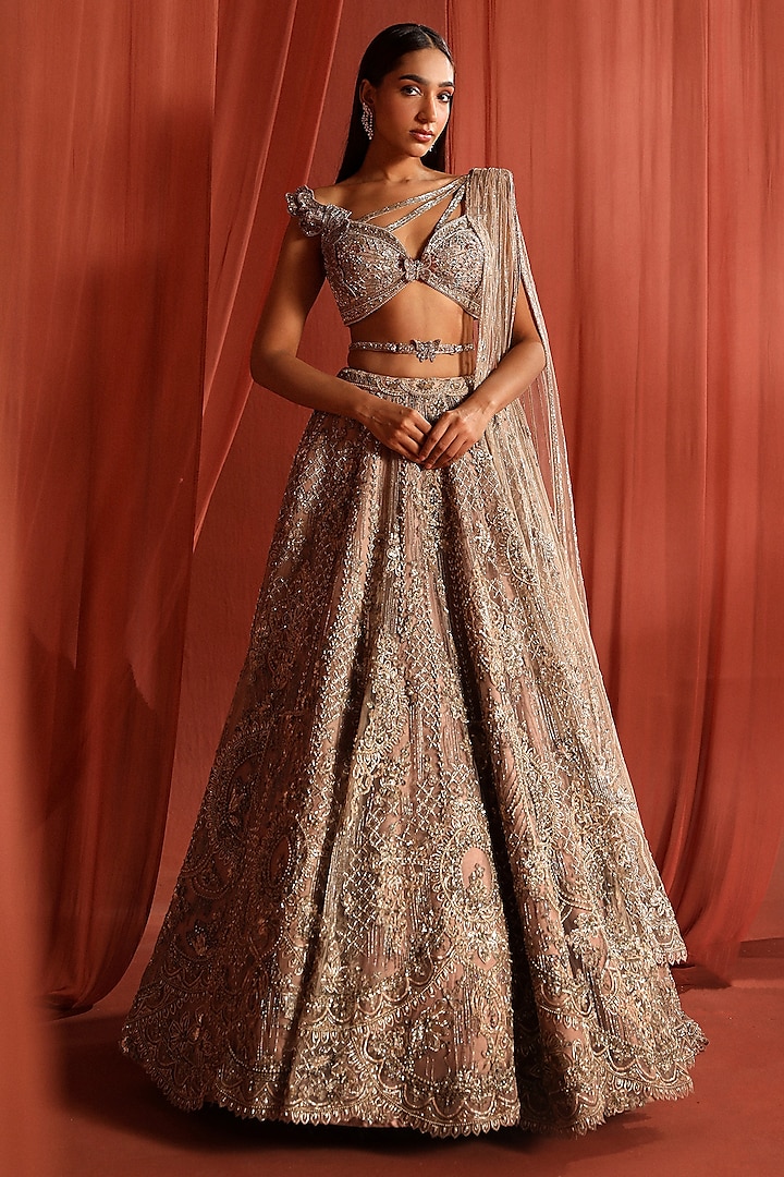 Champagne Silver Dupion Silk 3D Stones & Jaal Embellished Bridal Lehenga Set by Adaara Couture at Pernia's Pop Up Shop