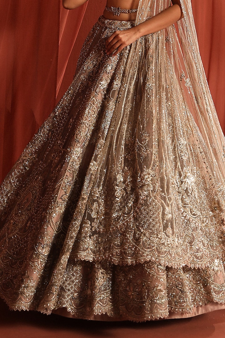 Champagne Silver Dupion Silk 3D Stones & Jaal Embellished Bridal Lehenga Set by Adaara Couture at Pernia's Pop Up Shop