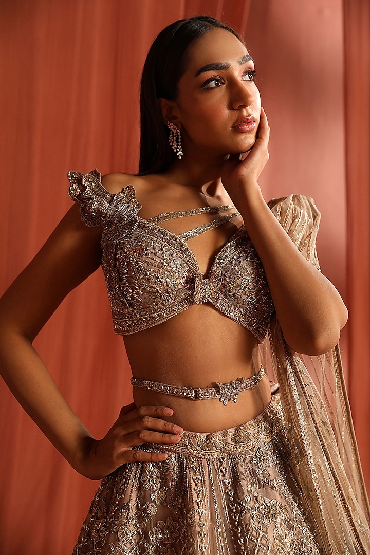 Champagne Silver Dupion Silk 3D Stones & Jaal Embellished Bridal Lehenga Set by Adaara Couture at Pernia's Pop Up Shop