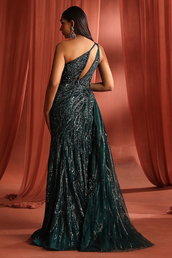Dark Green Dupion Silk & Net Sequins Hand Embroidered Bridal Gown by Adaara Couture at Pernia's Pop Up Shop