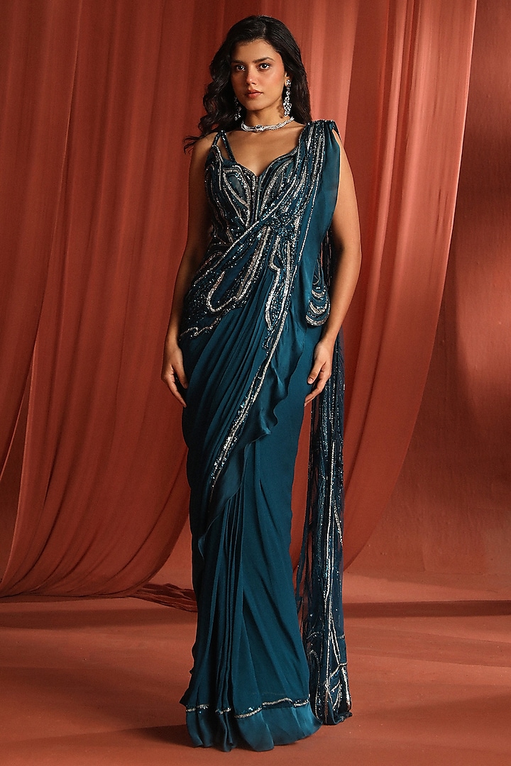 Teal Dupion Silk & Georgette Floral Motif Embroidered Draped Saree by Adaara Couture at Pernia's Pop Up Shop