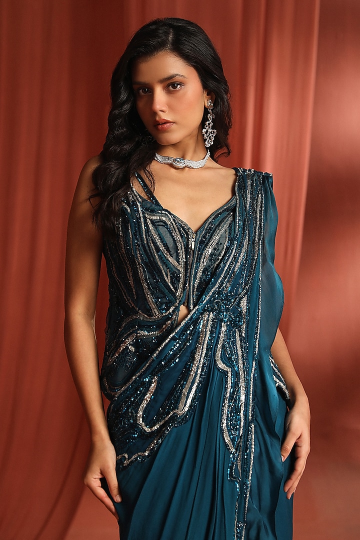 Teal Dupion Silk & Georgette Floral Motif Embroidered Draped Reception Saree Set by Adaara Couture at Pernia's Pop Up Shop
