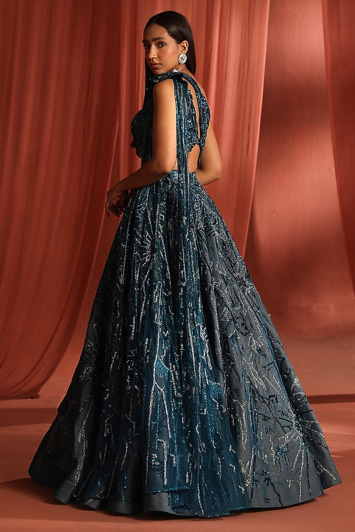 Teal Silk & Net Abstract Geometric Work Bridal Lehenga Set by Adaara Couture at Pernia's Pop Up Shop