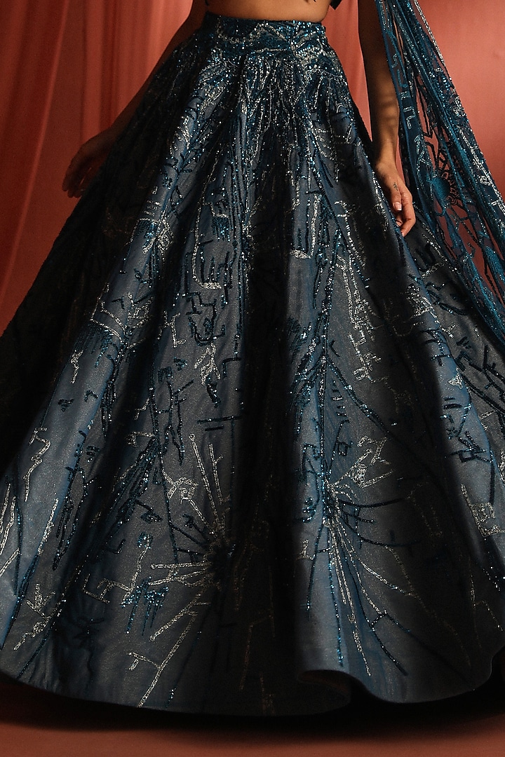 Teal Silk & Net Abstract Geometric Work Bridal Lehenga Set by Adaara Couture at Pernia's Pop Up Shop