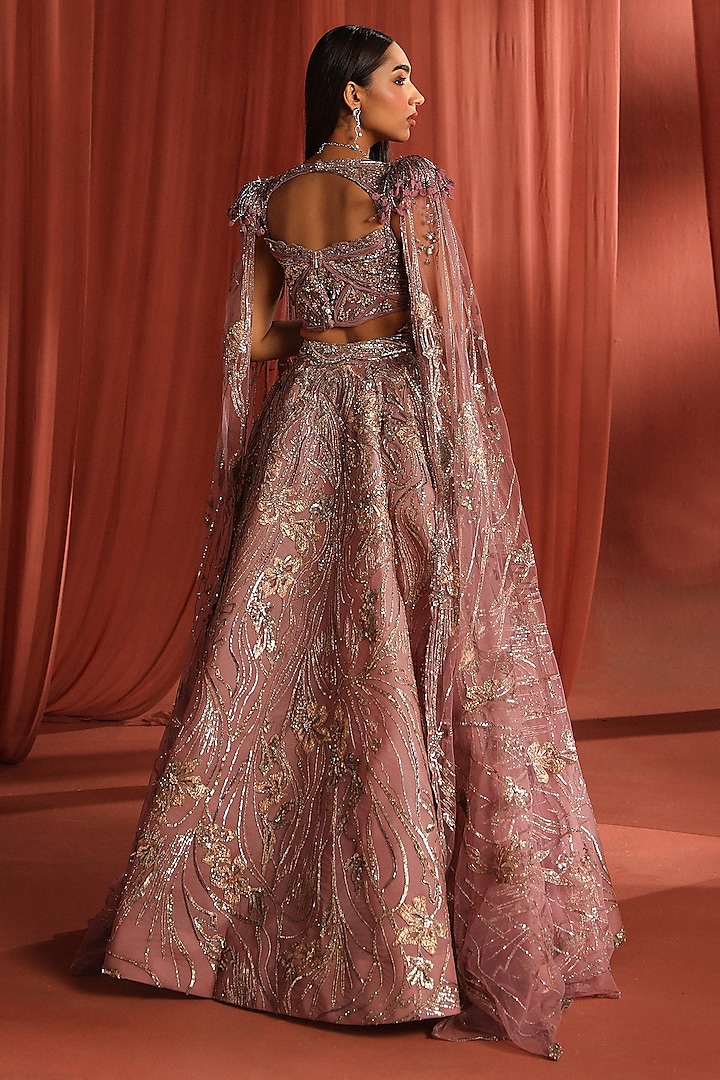 Light Blush Pink Silk & Net Floral Patchwork Bridal Lehenga Set by Adaara Couture at Pernia's Pop Up Shop
