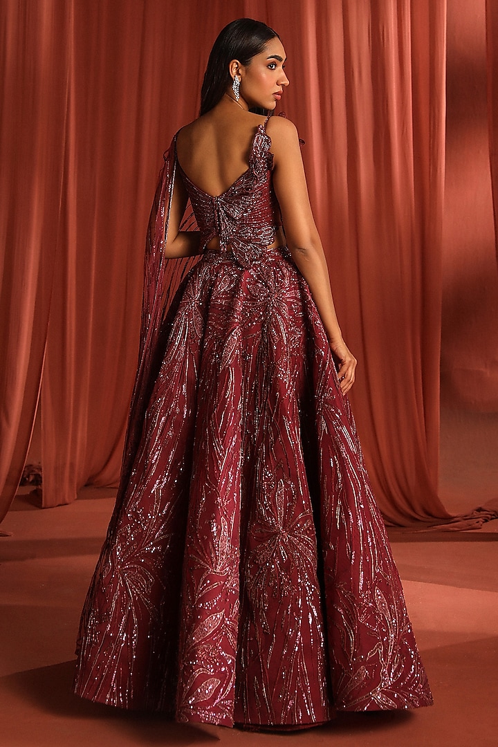 Dark Raspberry Dupion Silk & Net Floral Embroidered Bridal Lehenga Set by Adaara Couture at Pernia's Pop Up Shop
