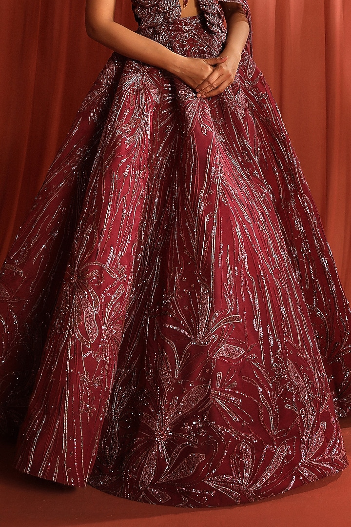 Dark Raspberry Dupion Silk & Net Floral Embroidered Bridal Lehenga Set by Adaara Couture at Pernia's Pop Up Shop