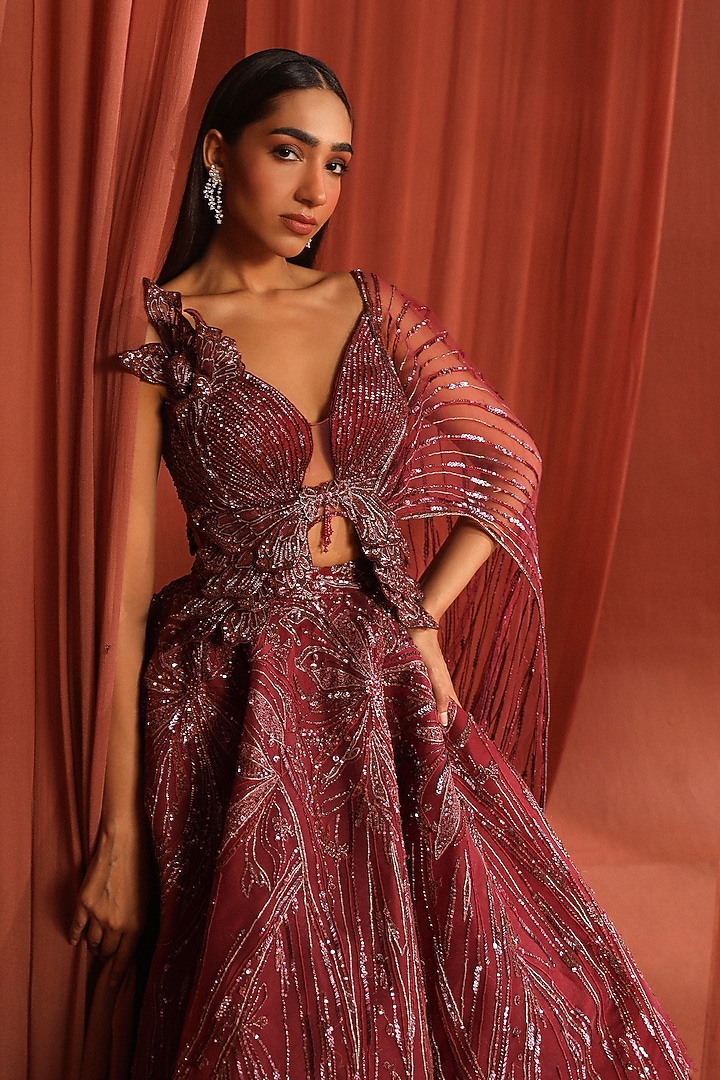 Dark Raspberry Dupion Silk & Net Floral Embroidered Bridal Lehenga Set by Adaara Couture at Pernia's Pop Up Shop