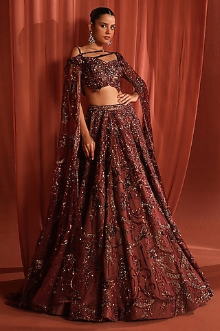 Dark Raspberry Net Crystal & Sequins Embroidered Lehenga Set by Adaara Couture