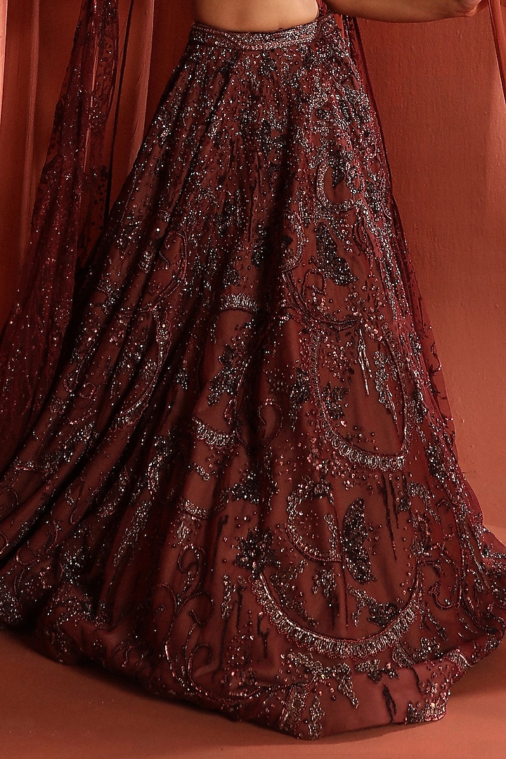 Dark Raspberry Net Crystal & Sequins Embroidered Bridal Lehenga Set by Adaara Couture at Pernia's Pop Up Shop
