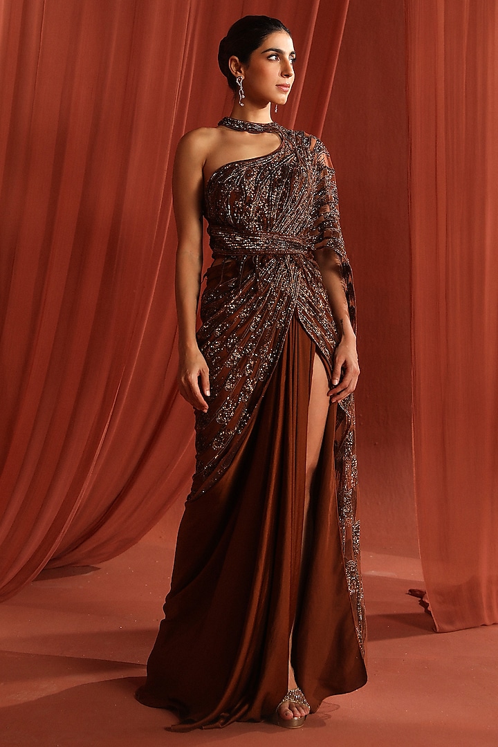 Bronze Dupion Silk & Net Linear Embroidered Draped Saree by Adaara Couture at Pernia's Pop Up Shop