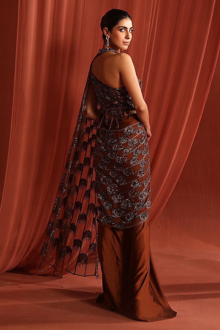 Bronze Dupion Silk & Net Linear Embroidered Draped Reception Saree by Adaara Couture at Pernia's Pop Up Shop