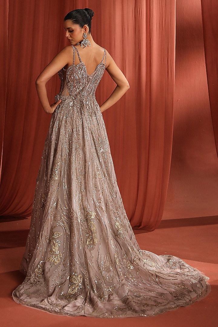 Shell Pink Silk & Net Floral Patchwork Bridal Gown by Adaara Couture at Pernia's Pop Up Shop