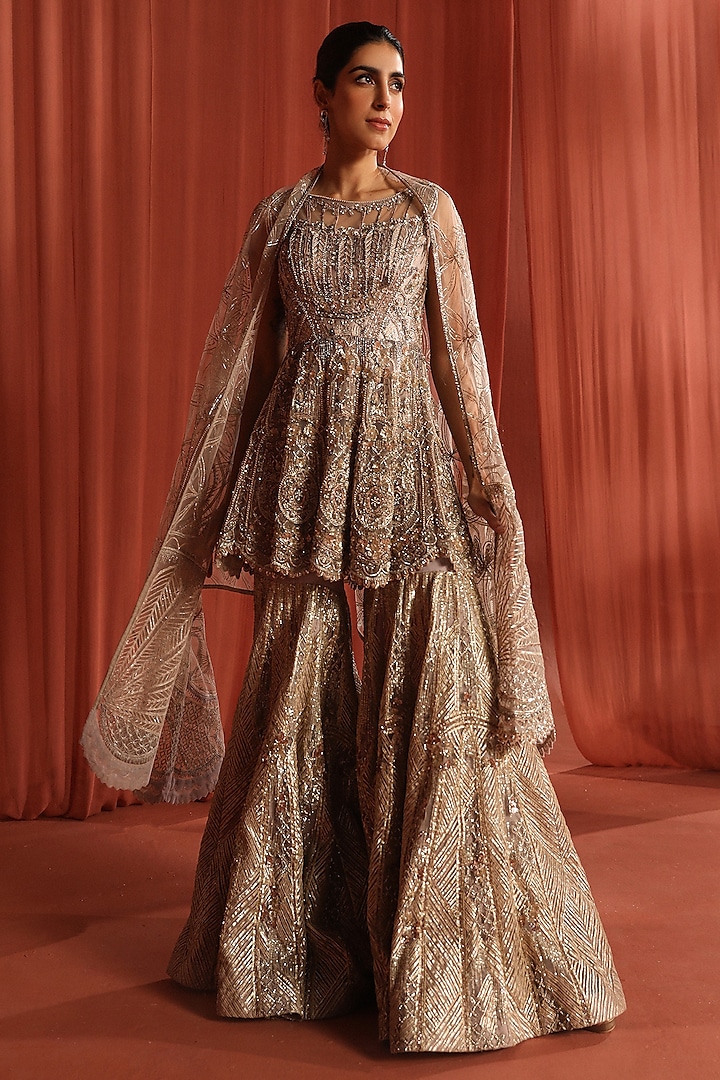 Champagne Silver Net 3D Stone Embellished Sharara Set by Adaara Couture at Pernia's Pop Up Shop