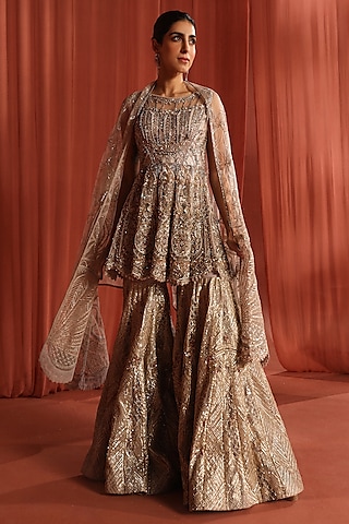 Champagne Silver Net 3D Stone Embellished Sharara Set by Adaara Couture