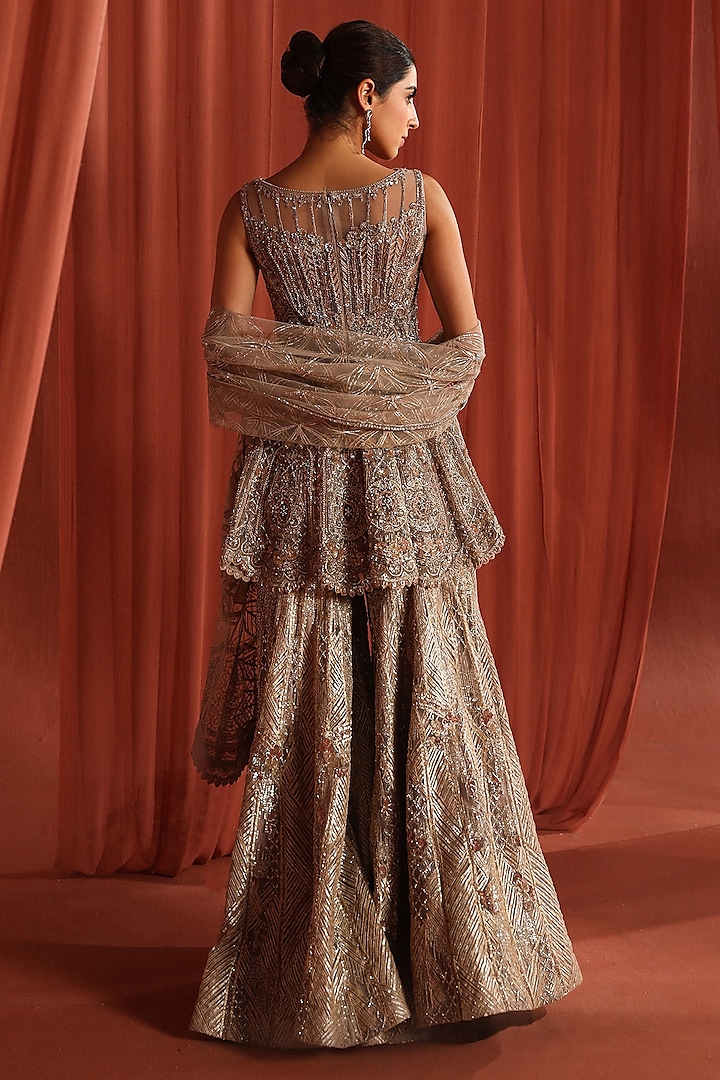 Champagne Silver Net 3D Stone Embellished Bridal Sharara Set by Adaara Couture at Pernia's Pop Up Shop