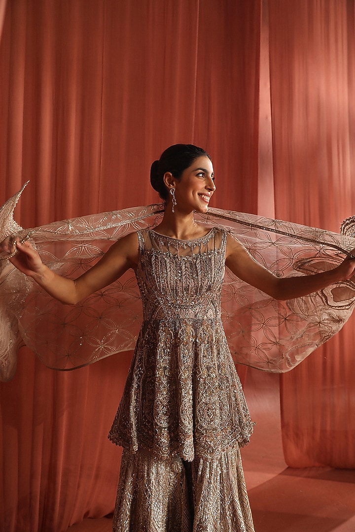Champagne Silver Net 3D Stone Embellished Bridal Sharara Set by Adaara Couture at Pernia's Pop Up Shop
