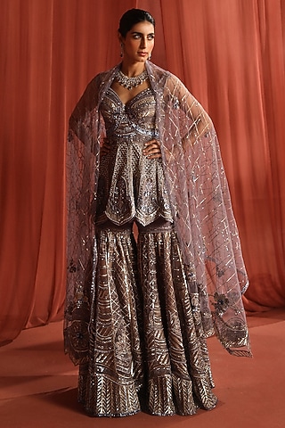 Amber Grey Net 3D Stone & Pearl Work Sharara Set by Adaara Couture