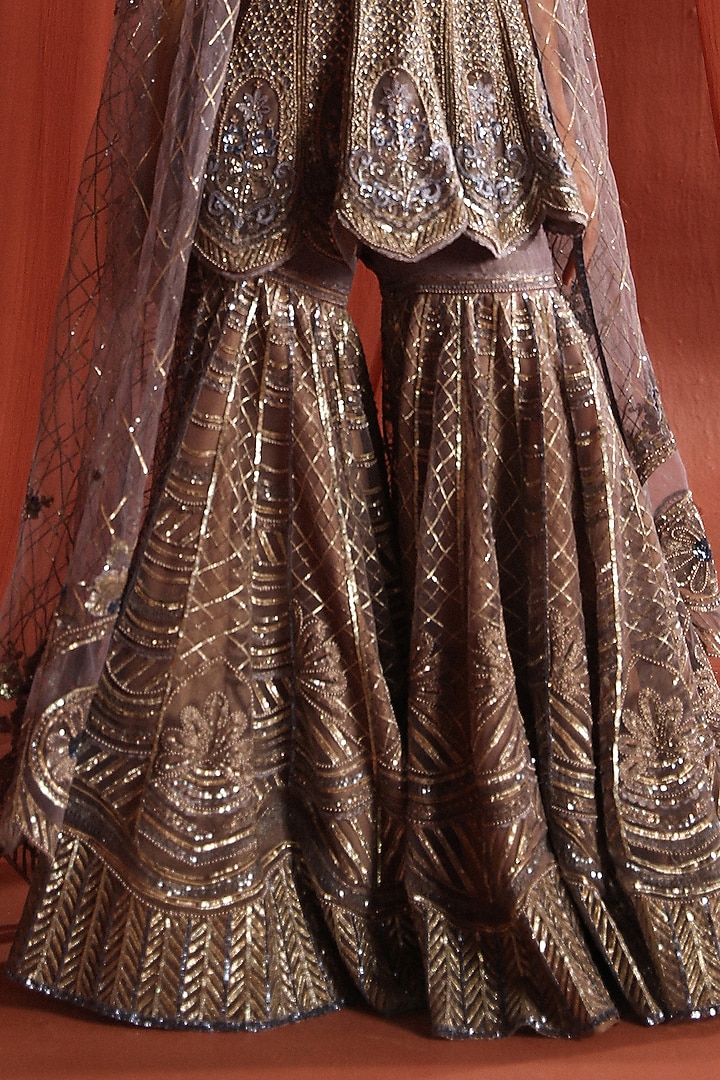 Amber Grey Net 3D Stone & Pearl Work Bridal Sharara Set by Adaara Couture at Pernia's Pop Up Shop