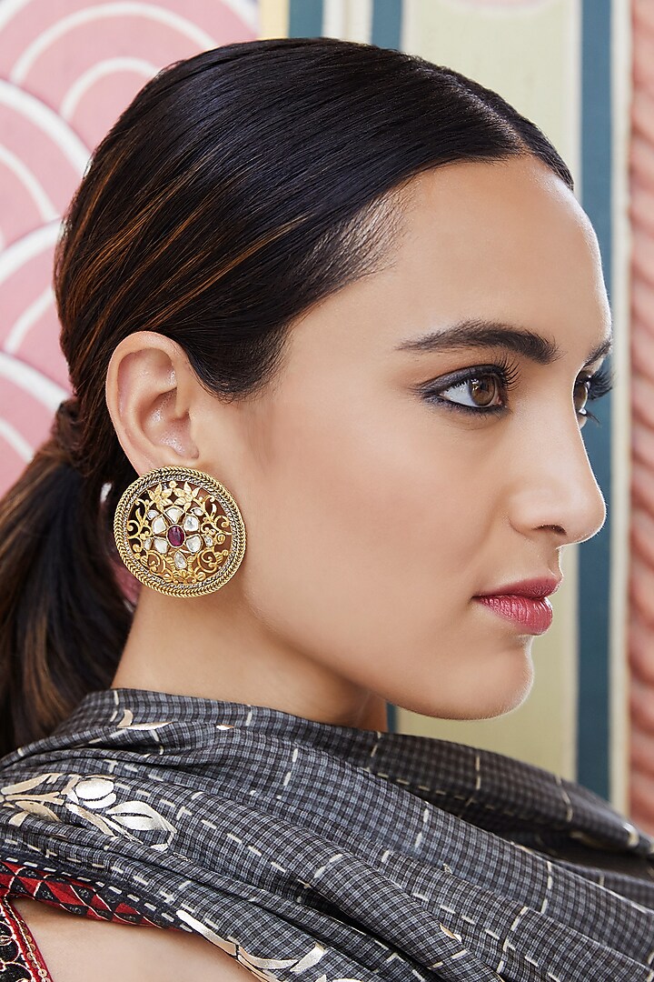 Gold Finish Crystals Floral Earrings In Sterling Silver by Anita Dongre Silver Jewellery at Pernia's Pop Up Shop