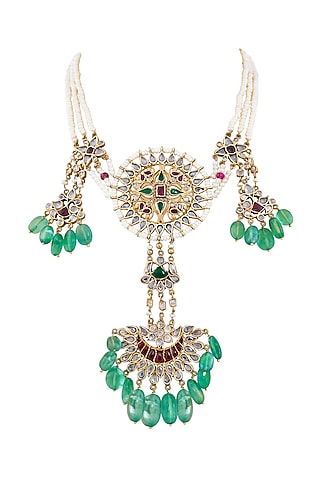 Gold Finish Green Onyx Necklace In Sterling Silver by Anita Dongre Silver Jewellery