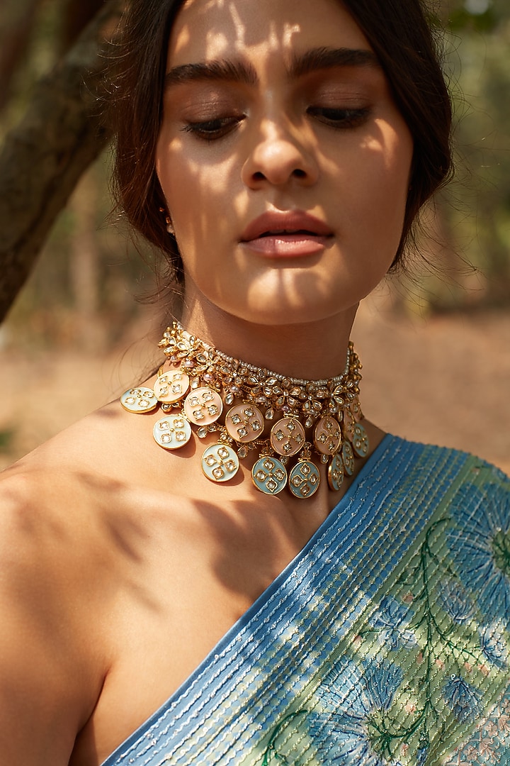 Gold Finish Crystal Handcrafted Enameled Necklace In Sterling Silver by Anita Dongre Silver Jewellery at Pernia's Pop Up Shop