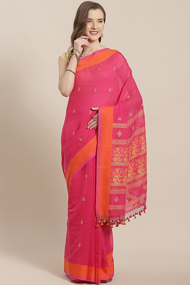 Pink Handloom Cotton Motif Embroidered Saree by Aditri