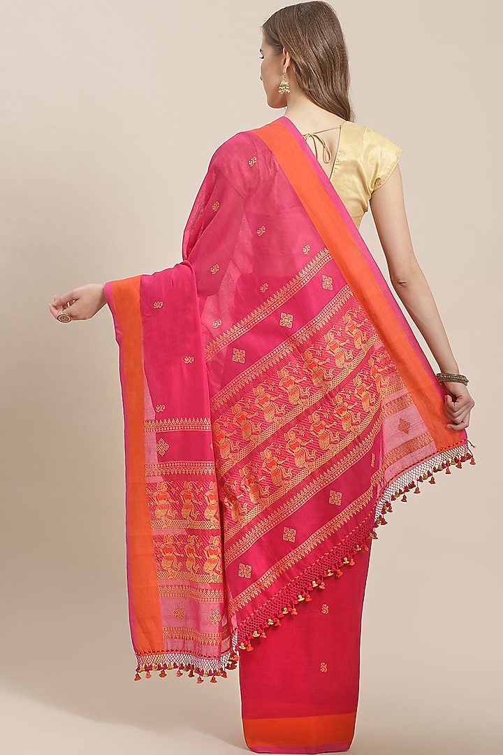 Pink Handloom Cotton Motif Embroidered Festive Saree by Aditri at Pernia's Pop Up Shop