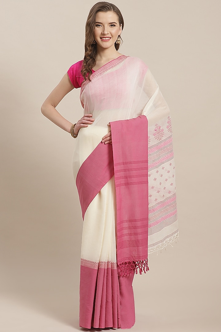 Cream & Pink Embroidered Cotton Saree by Aditri
