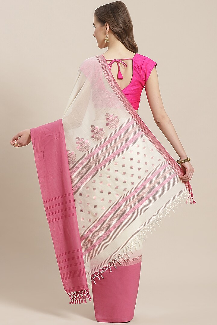 Cream & Pink Embroidered Cotton Festive Saree by Aditri at Pernia's Pop Up Shop