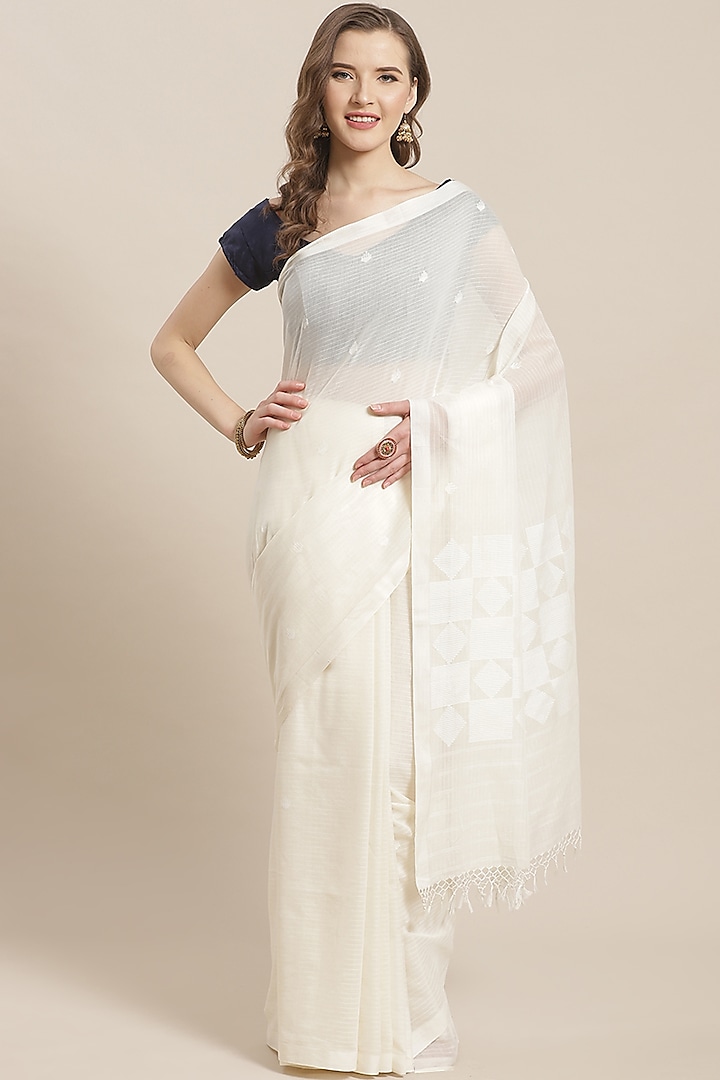 White Jamdani Embroidered Saree by Aditri at Pernia's Pop Up Shop