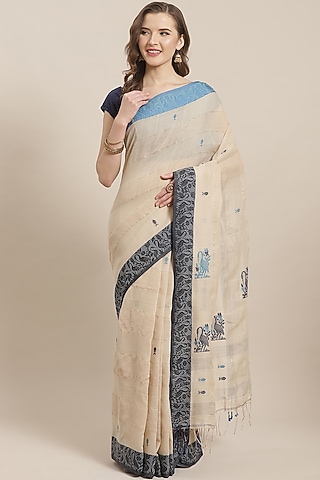 Cream & Cobalt Blue Embroidered Saree by Aditri
